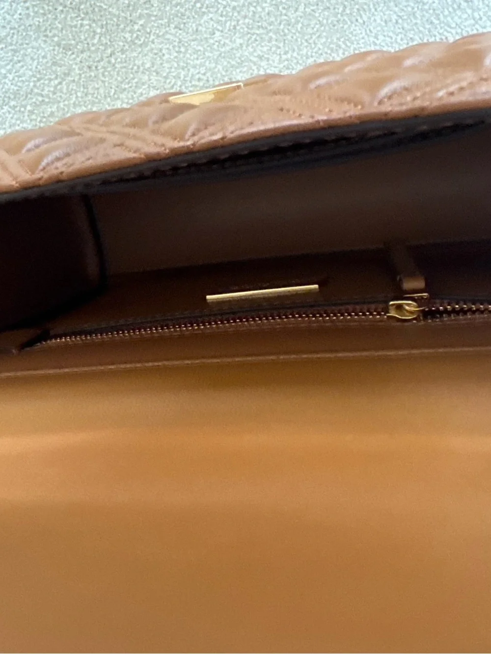 Tory Burch Cognac Brown Quilted Leather Shoulder Bag with Chain Strap